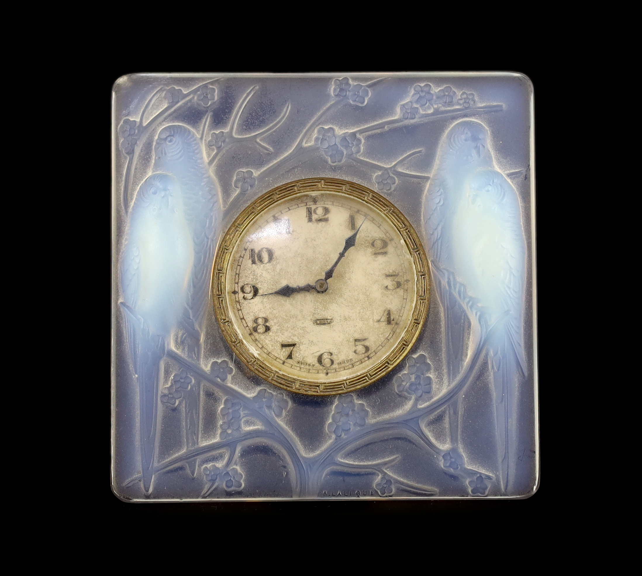 A Rene Lalique Inseparables opalescent glass desk timepiece